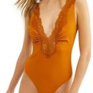 Free People Orange Lace Trim Deep V‎ Neck Ribbed Bodysuit Women's